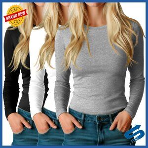 3 Pack Women's Long Sleeve Cotton Blend Crew Neck Slim Fit Tops
